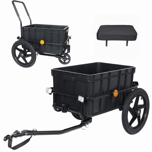 2-in-1 Bike Cargo Trailer Pushcart, Bicycle Trailer with Removable Box and Waterproof Cover, Black, Pushcart Stroller with Tow Hitch and Removable Handlebar, black -52