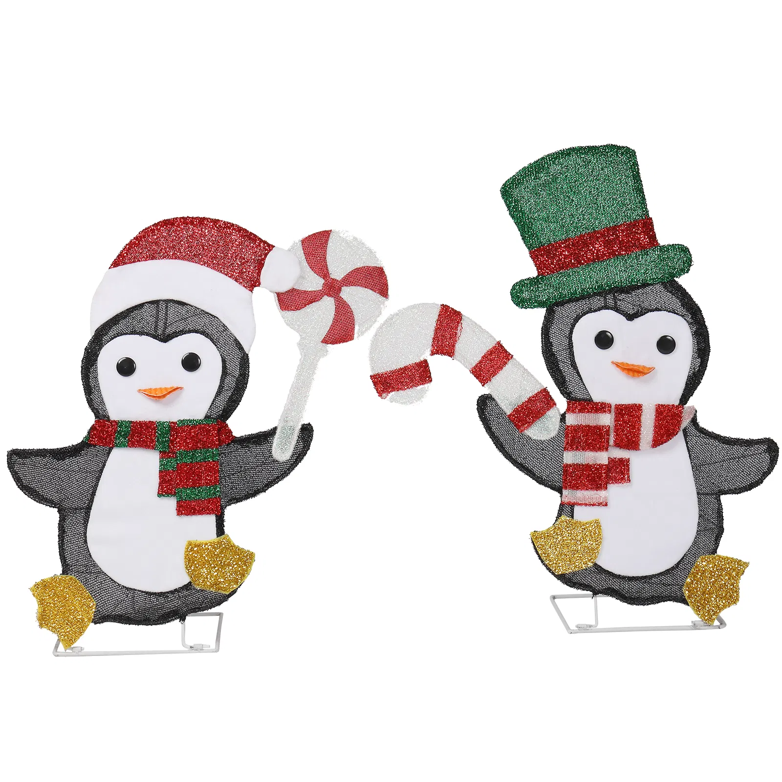 Set of 2 Lighted Penguin and Candy Cane Christmas Decorations, Pre-lit 2D Holiday Decor with 80 Warm…