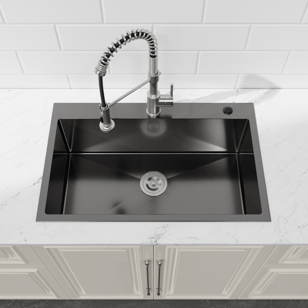 Kitchen Sink, 30″x19″ Single Bowl, Overmount Handmade Sink in Black, with US Standard Drain and Hook[Unable to ship on weekends,usps/fedex]-16