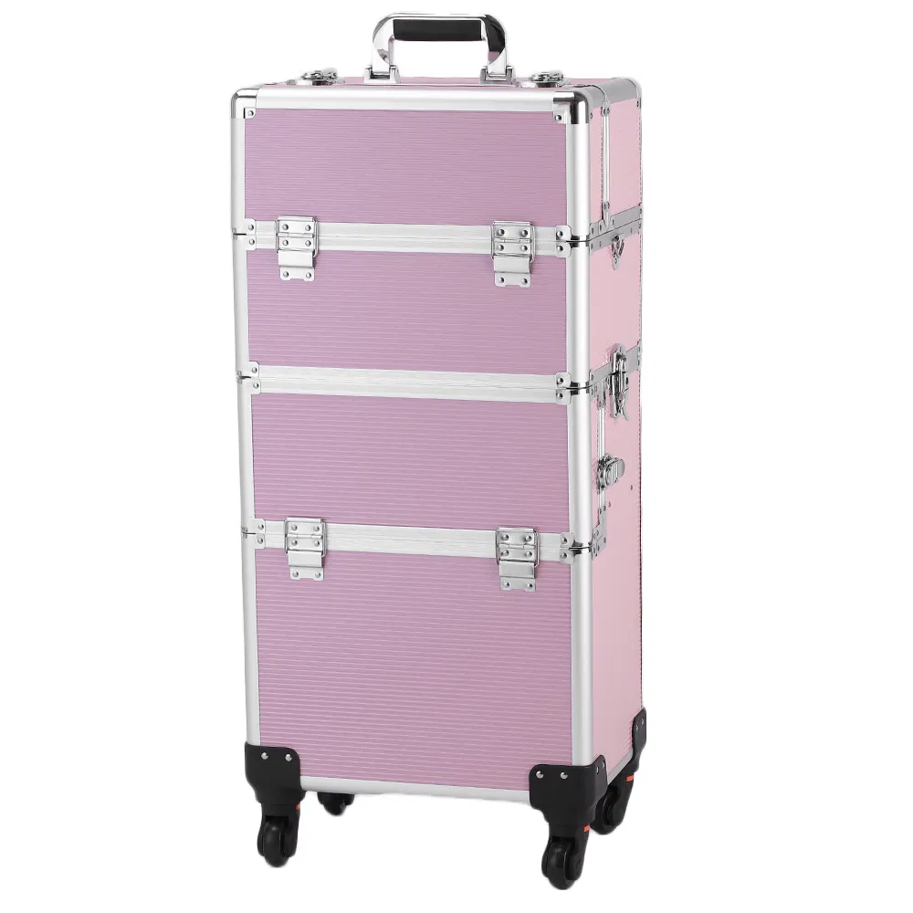 3pcs Trolley-Style Makeup Case with Universal Wheels Aluminum Alloy Cosmetic Trolley Case 14.2*9.4*41in Pink