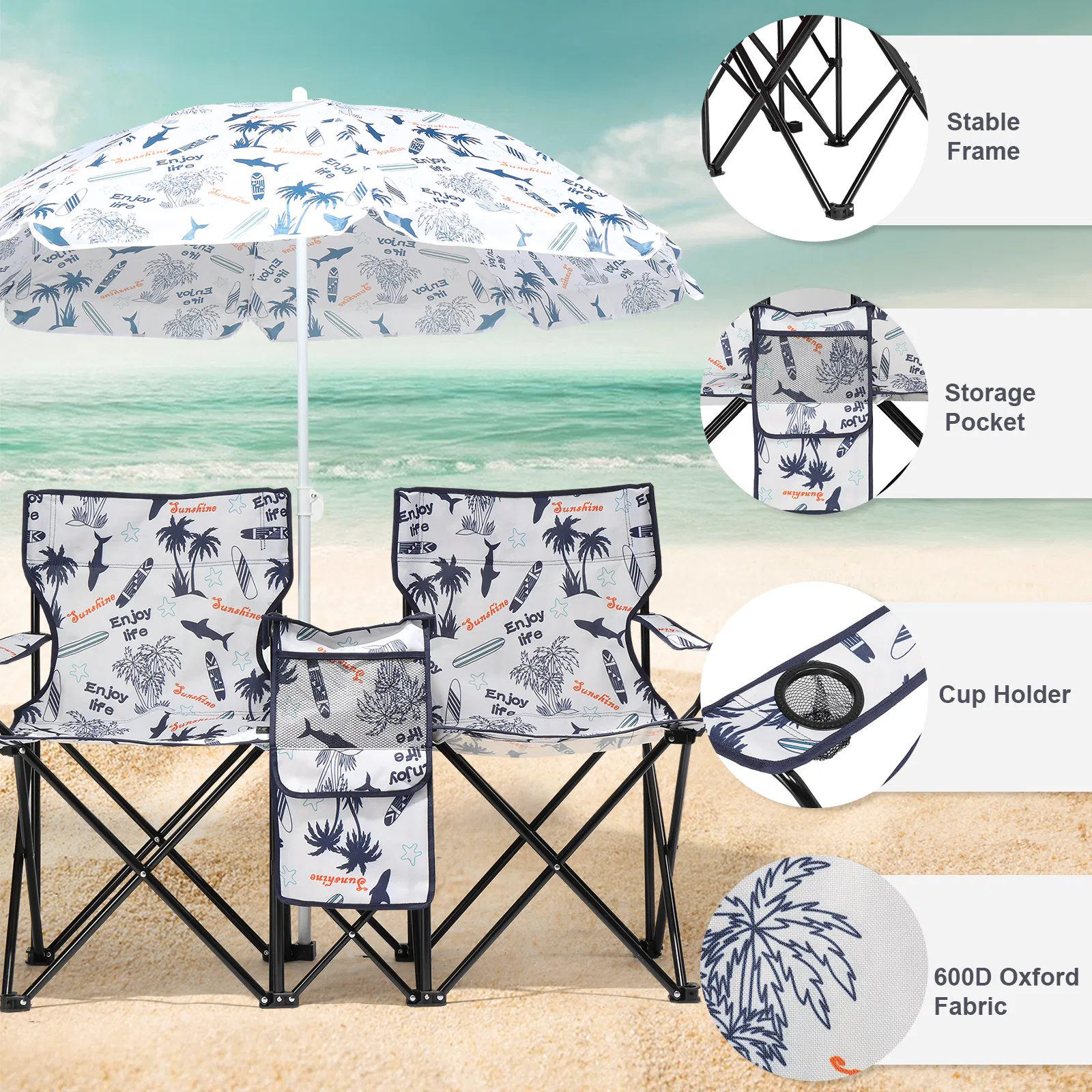 Portable Outdoor 2-Seat Folding Chair with Removable Sun Umbrella Coconut Tree image 8