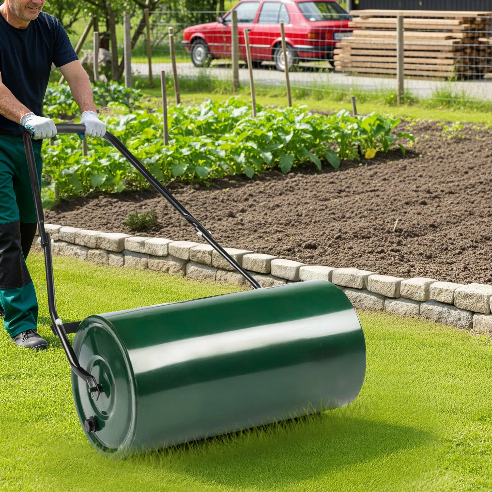 24in Heavy Duty Steel Lawn Roller, Garden Roller Can Be Filled with Water or Sand, Hand Roller with U-shaped Handle, Green & Black image 11