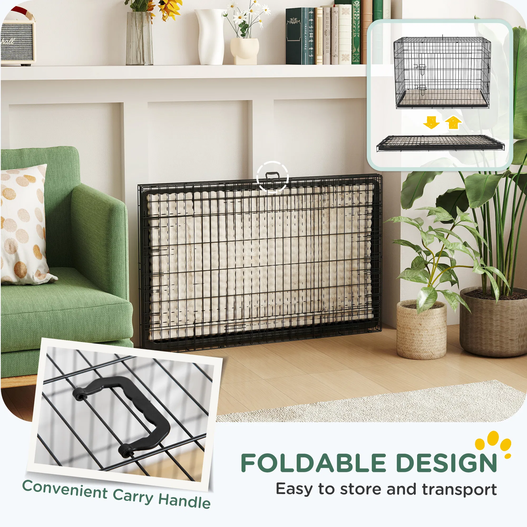 41" Dog Crate with 2 Doors, Folding Metal Dog Cage with Soft Cushion, Removable Tray, Handle, for Small Dogs, Black — image 1