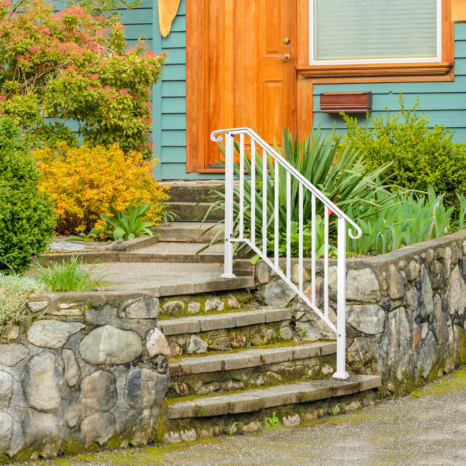 Handrails for Outdoor Steps, Iron Handrail Fits 3 Step, Transitional Handrail with Installation Kit, White image 9