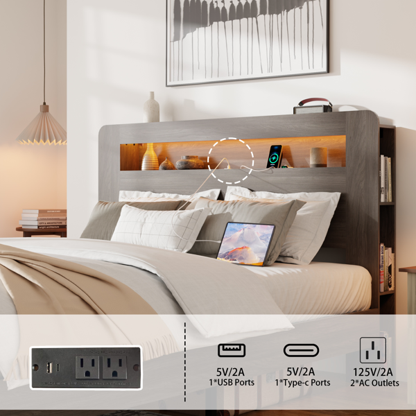 Bed Frame Queen Size, Wood Platform Bed Frame with Storage LED Light Headboard and 2 USB , Noise Free,No Box Spring Needed and Easy Assembly Tool,Large Under Bed Storage,Dark Gray-11