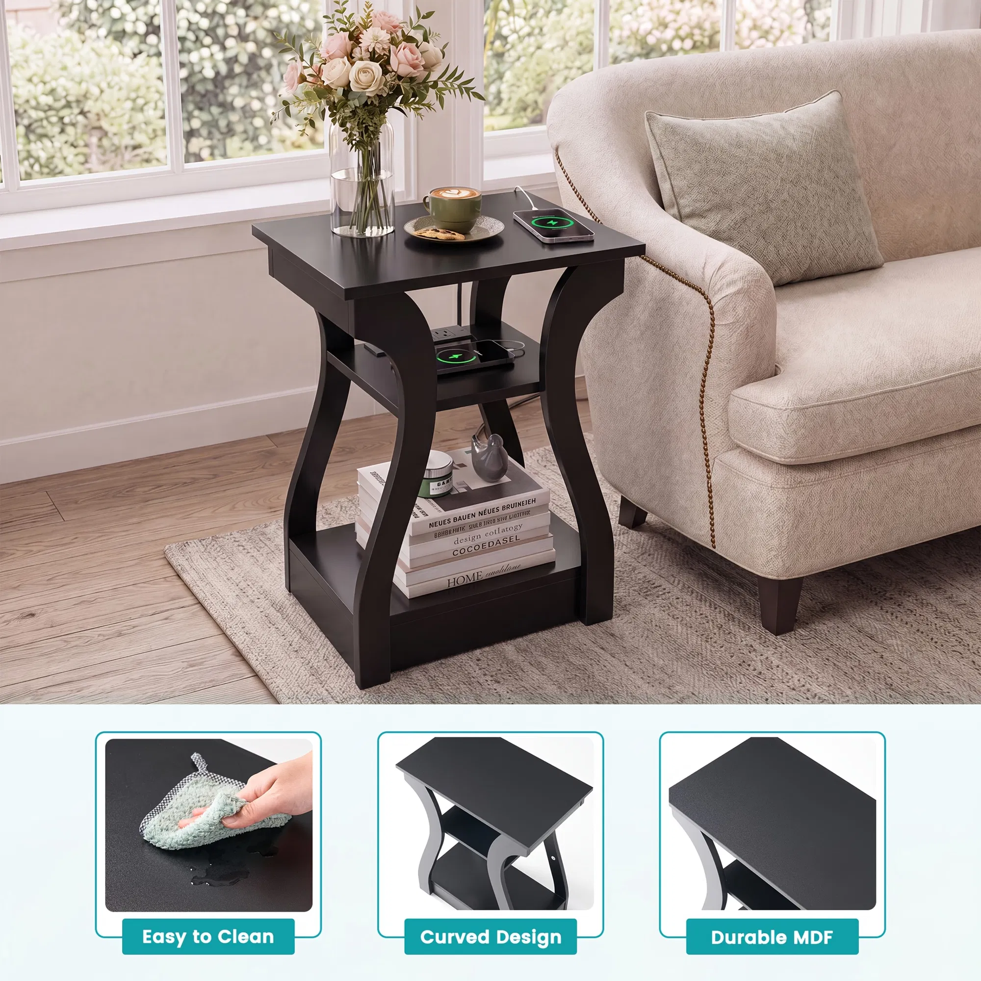 3-Tier Nightstand with Charging Station, Modern Bedside Table with USB Ports And Outlets, Slim End Table for Bedroom, Small Apartment, Dorm Room image 5