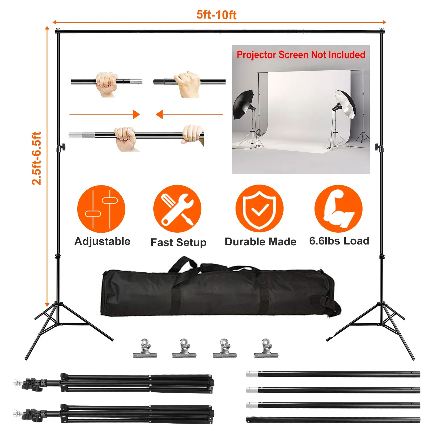 Adjustable Backdrop Support System, 5-10ft Wide Photo Background Stand with 4 Clamps, Spring-Loaded Joints and Oxford Storage Bag for Studio & Outdoor Shooting