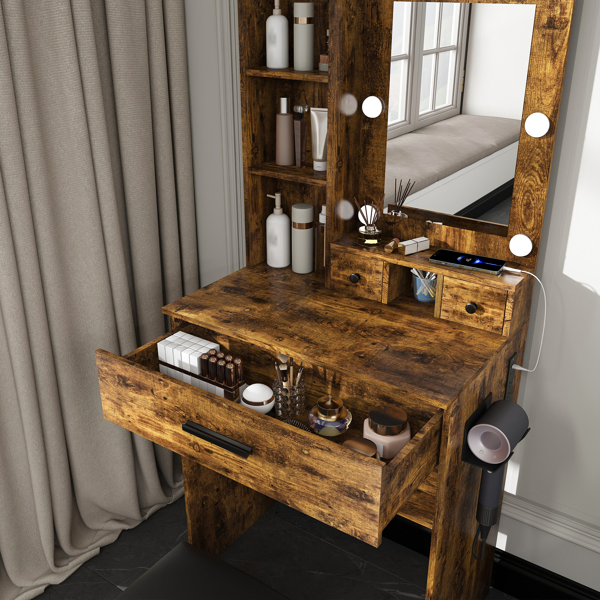 Vanity Table with Mirror & Adjustable LED Lights, Power Outlet, Hairdryer Holder & Stool – Compact Dressing Desk for Small Bedrooms(Vintage) -27