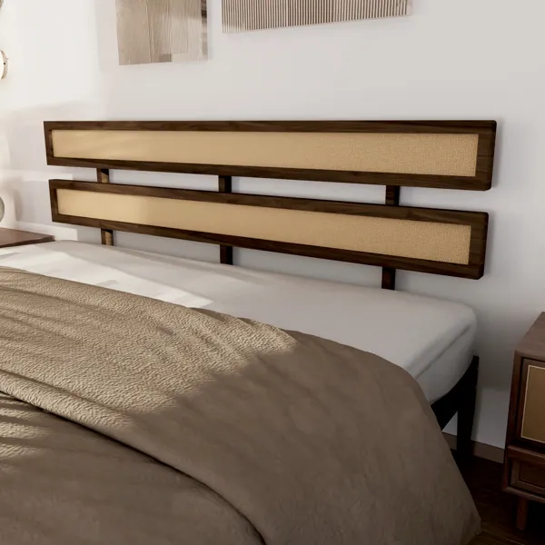 Dark walnut wood painted finish + rattan and pine wood double headboard King size bed, Bohemian style image 3