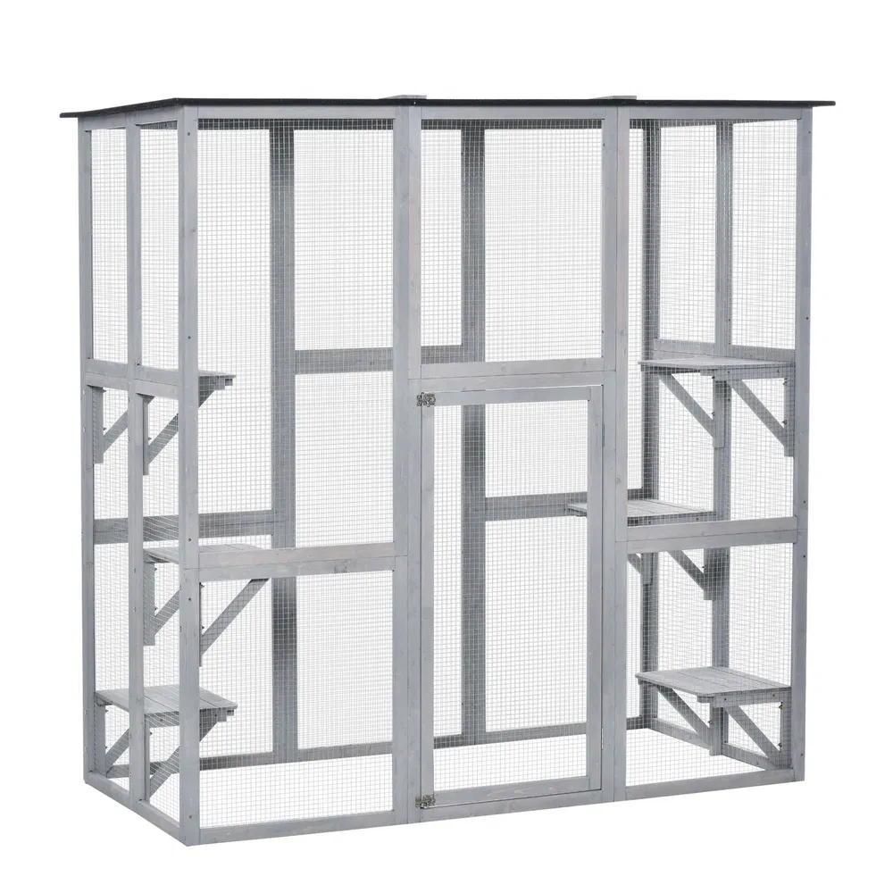 Large Outdoor Catio Enclosure, Weatherproof Cat House with Asphalt Roof, Wooden Cat Patio Cage with 6 Balanced Platforms, 71" x 39" x 71", Grey - Default