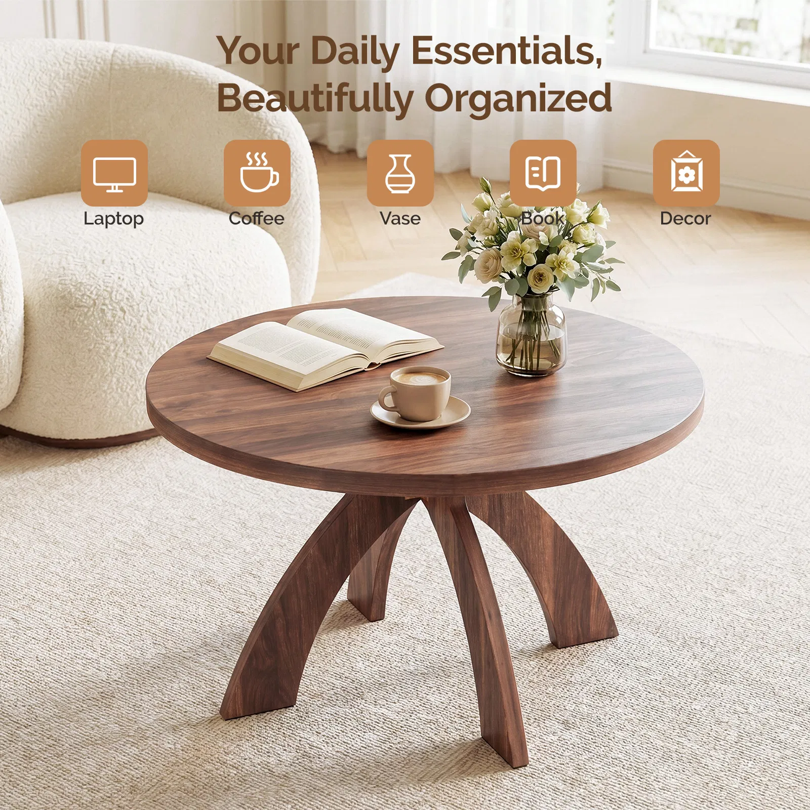 Round Coffee Table, 31.5 Inch Walnut Finish MDF Coffee Table with Curved Cross Legs, Modern Minimalist… image 9