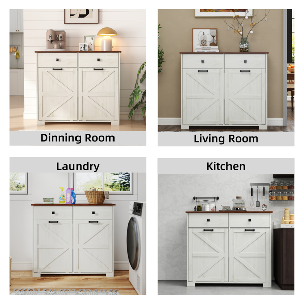 Farmhouse Double Tilt Out Trash Cabinet for 20 Gallon Trash Cans, Free Standing Recycling Cabinet with Hideaway Drawer, Barn Door Style Laundry Sorter Cabinet, Tilt Out Trash Cabinet for Kitchen-25