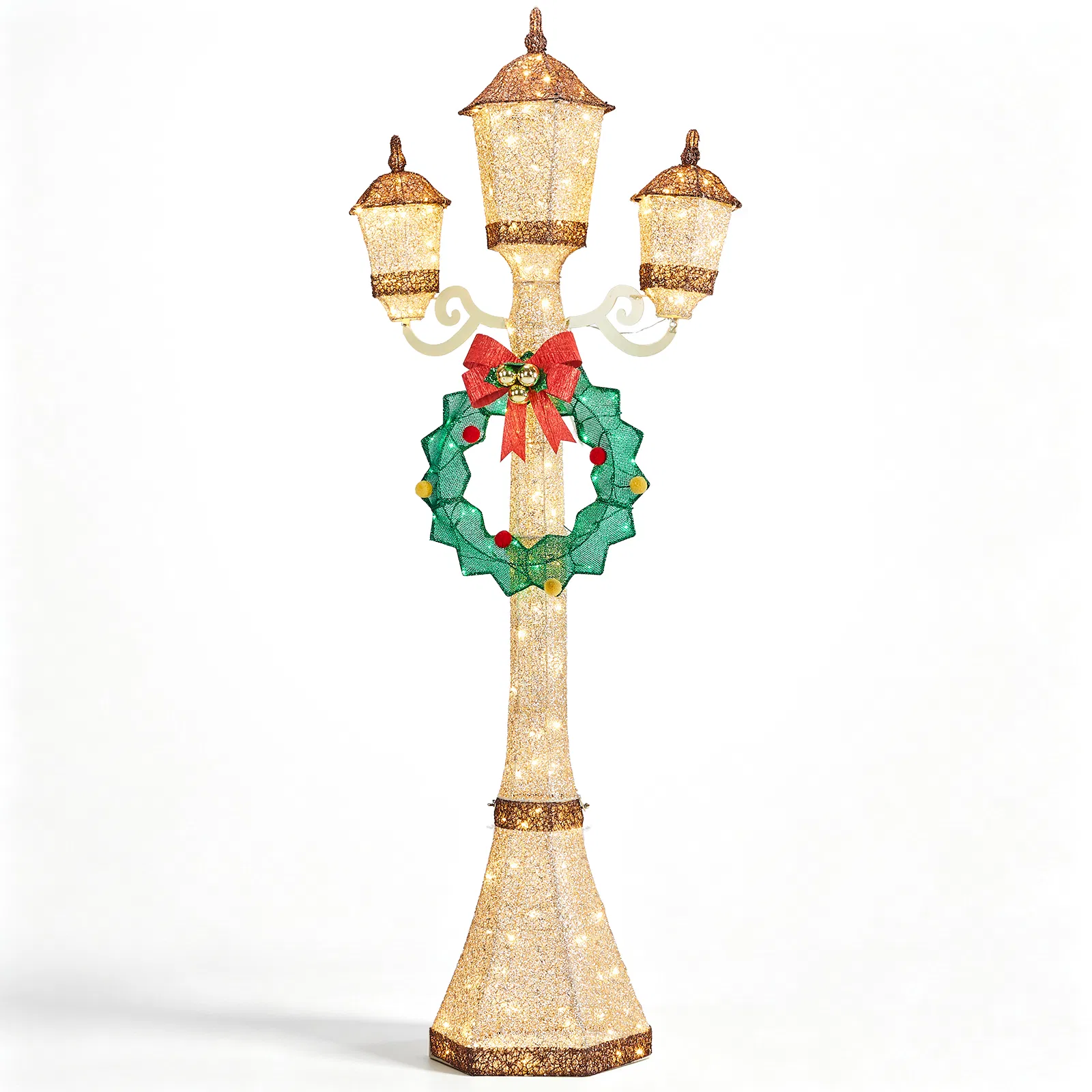 6FT Gold 3-Head Street Lamp with Wreath, 210 Warm White LEDs, Christmas Light Post, US Plug image 14