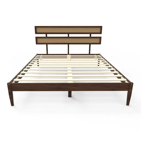 Dark walnut wood painted finish + rattan and pine wood double headboard King size bed, Bohemian style image 9