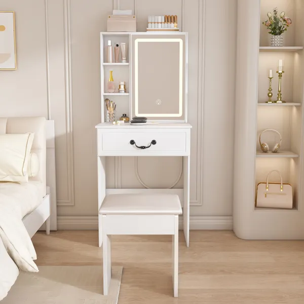 Modern Mini Dressing Table with LED-lit Mirror & Hidden Storage,Includes Padded Stool,Adjustable… image 3