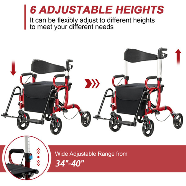 2-in-1 Rolling Walker & Wheelchair : 6-Position Height Adjustment (34