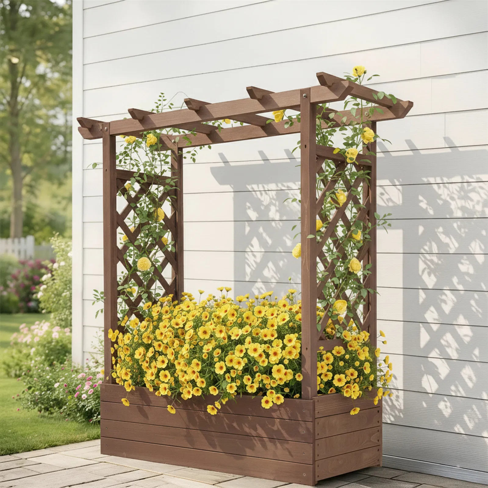 43.5*17.5*44.5 In Fir With Arched Lattice Raised Garden Bed Wooden Planting Frame Carbonized image 15