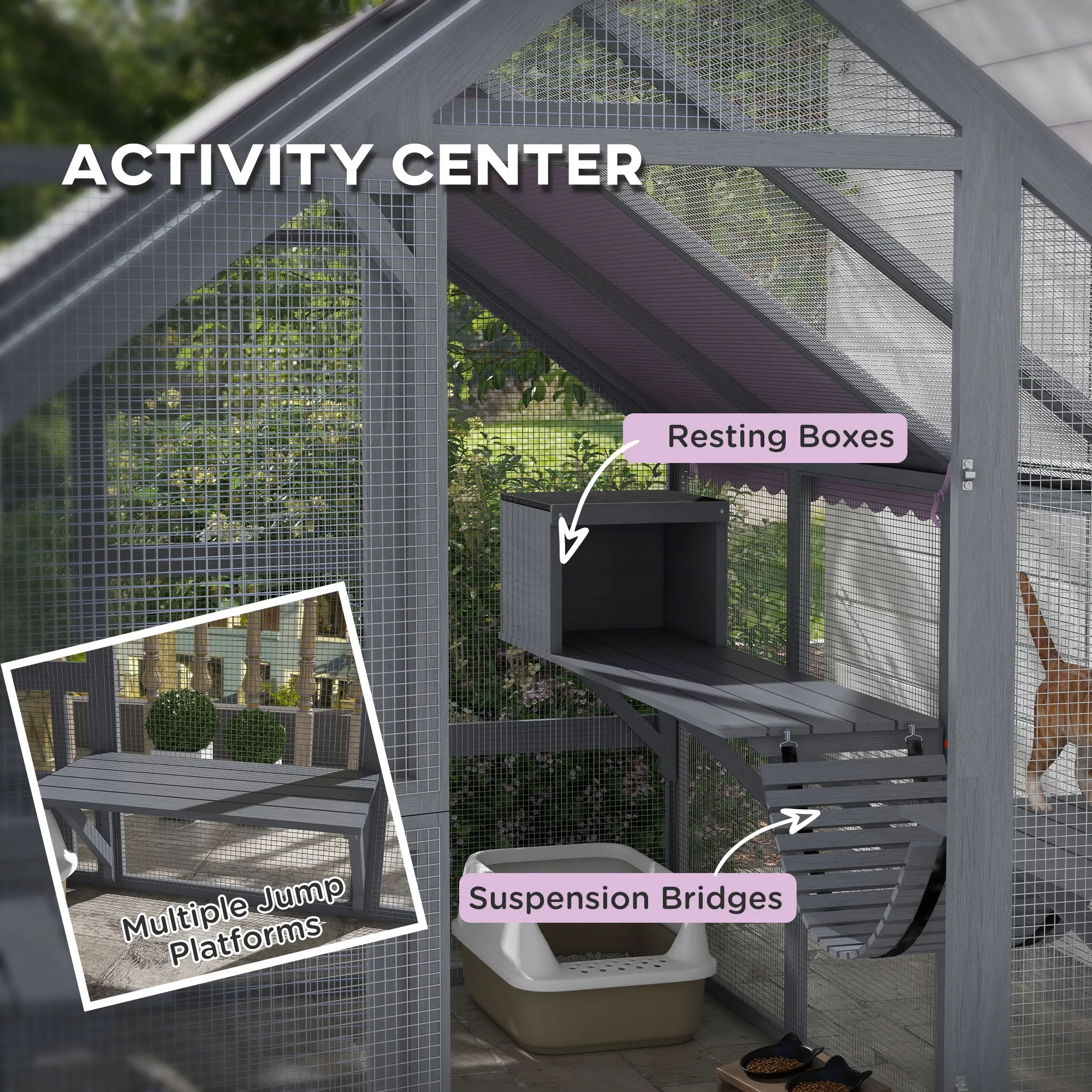 Outdoor Cat Enclosure Wooden Feral Cat House w/ Weatherproof Canopy, Bridges, Resting Boxes, Platforms, for 3-6 Cats — image 1