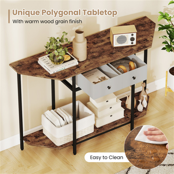  2-Tier Industrial Console Table - Polygonal Tabletop & Open Shelf, 2 Folding Fabric Drawers for Entryway/Hallway/Couch Behind-13