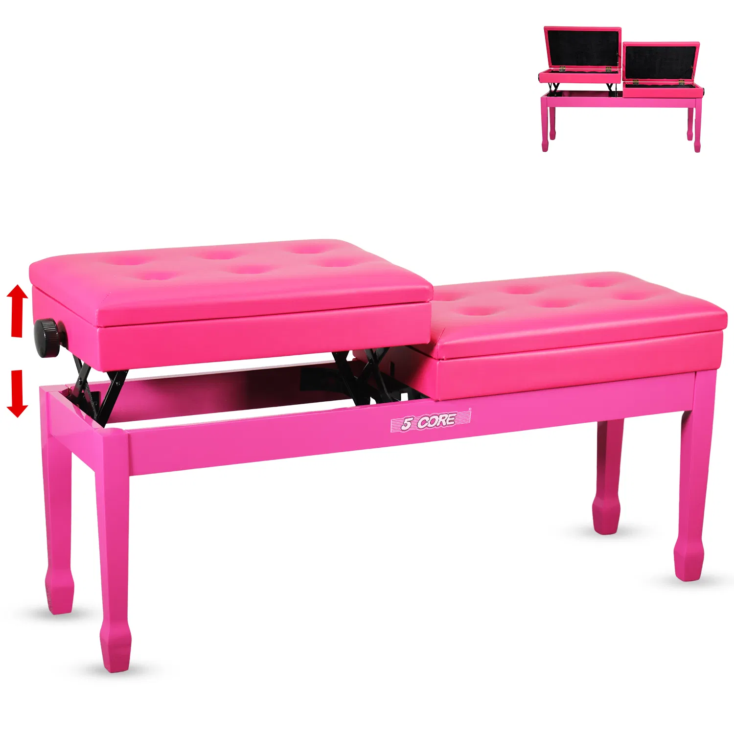 5 Core Duet Piano Bench 3.5 Inch Padded Cushioned Stool Wooden Heavy Duty Musician Chair w Storage - PNB DT BLK