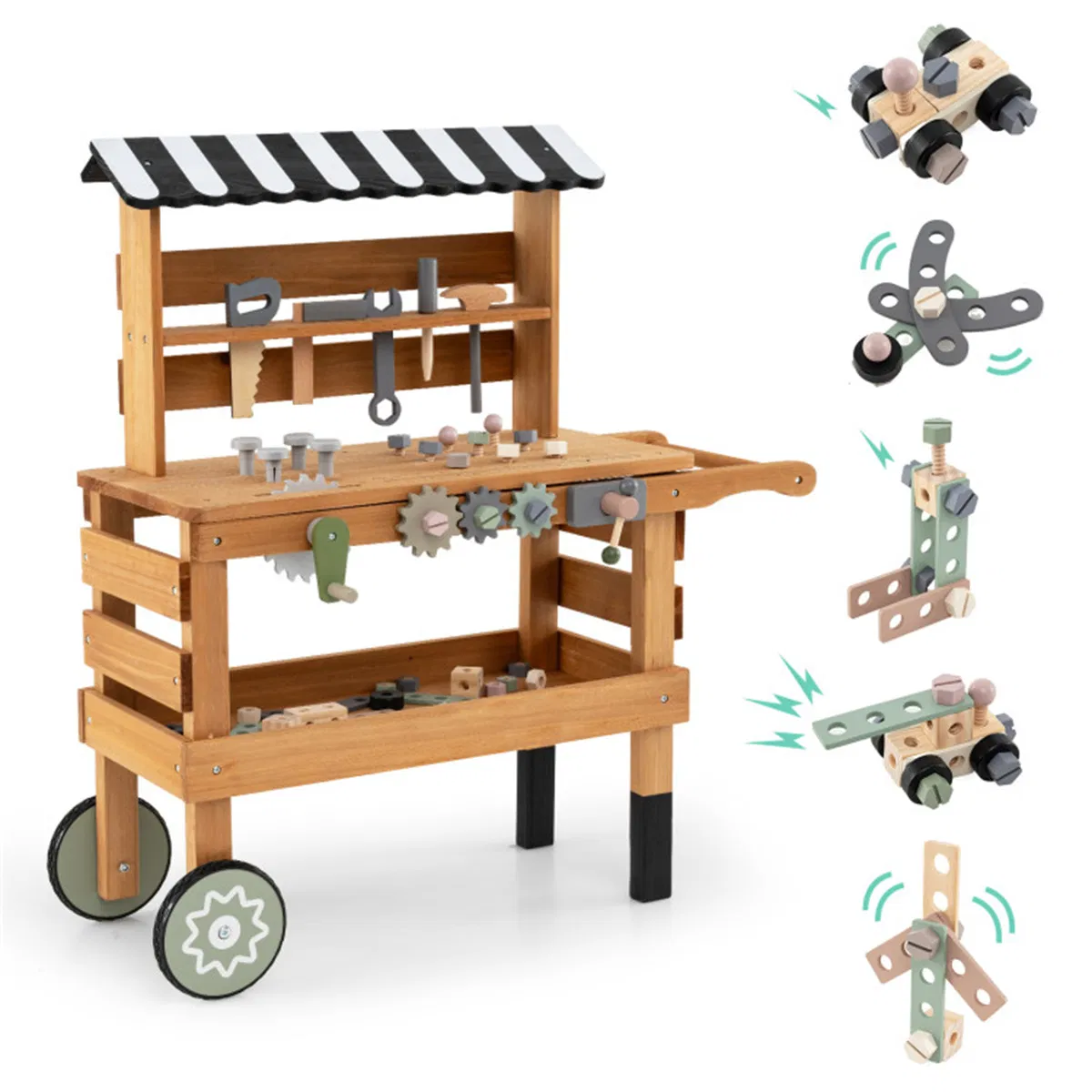 2-in-1 Wooden Kids Tool Bench & Rolling Cart Pretend Play Workshop Toy for Toddlers Age 3+