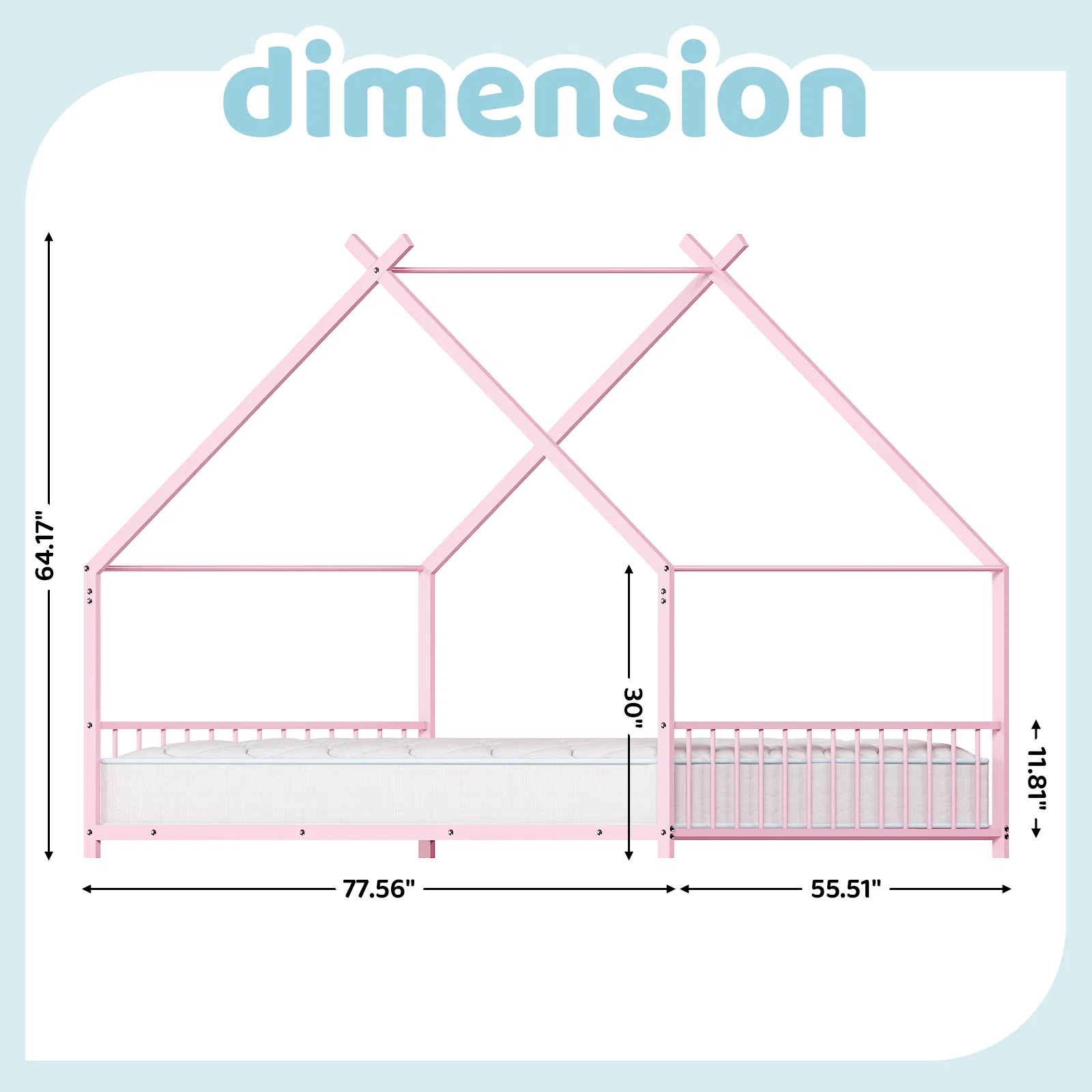 Pink Flat Bed House Shape with Side Guardrails Twin Children's Iron Bed image 3
