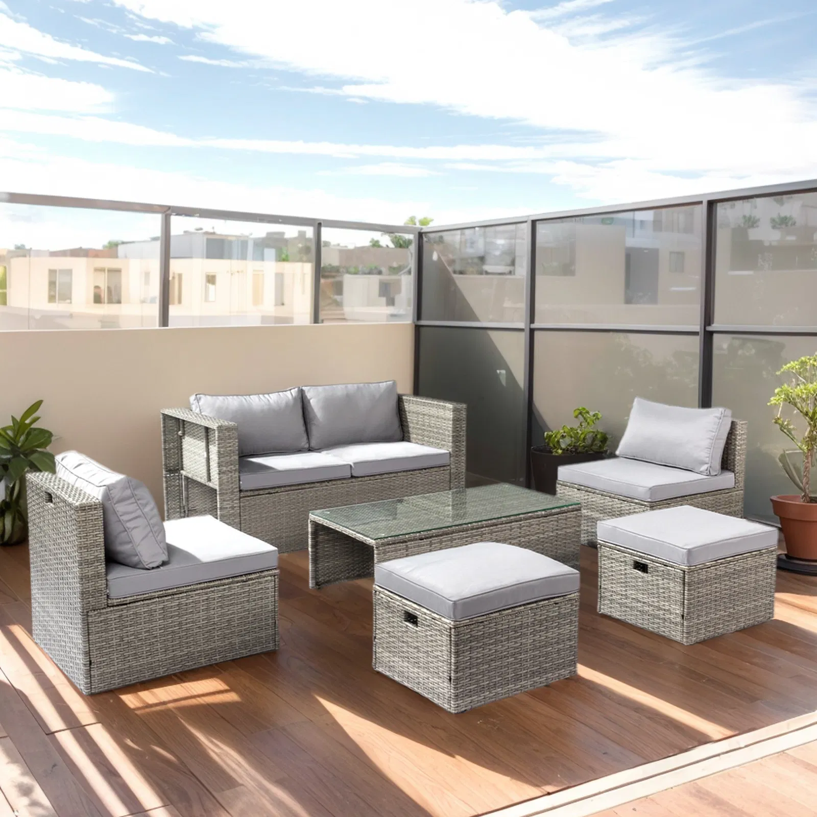 2pcs armless sofa + 2pcs footstool + 1pcs double sofa + 1pcs coffee table with storage, gray gradient… image 2