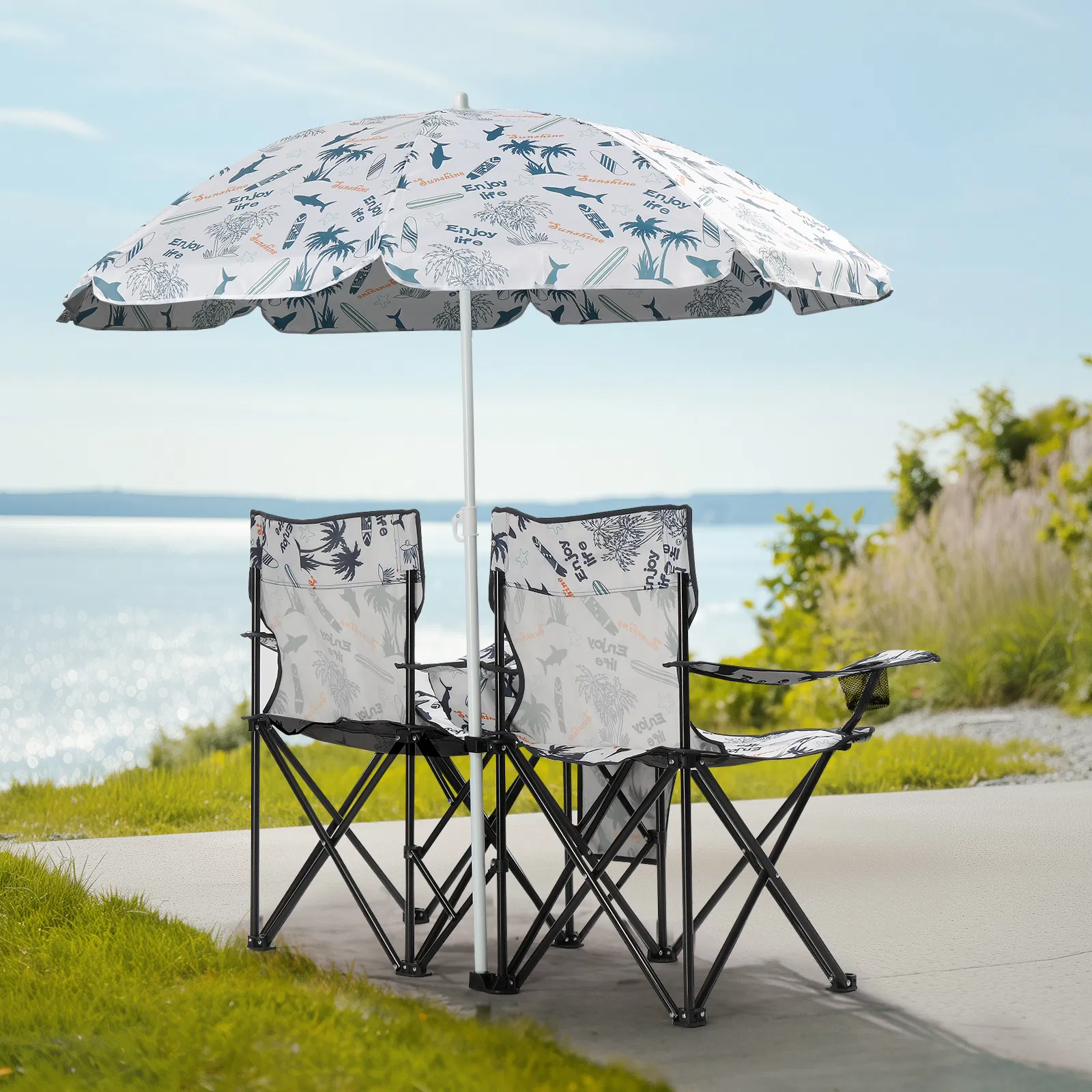 Portable Outdoor 2-Seat Folding Chair with Removable Sun Umbrella Coconut Tree image 3