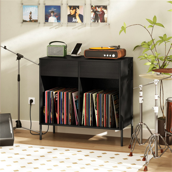 Record Player Storage Stand - Customizable Vinyl Compartments, Built-in Charging Station, Metal Legs & Floor-Protecting Pads-21