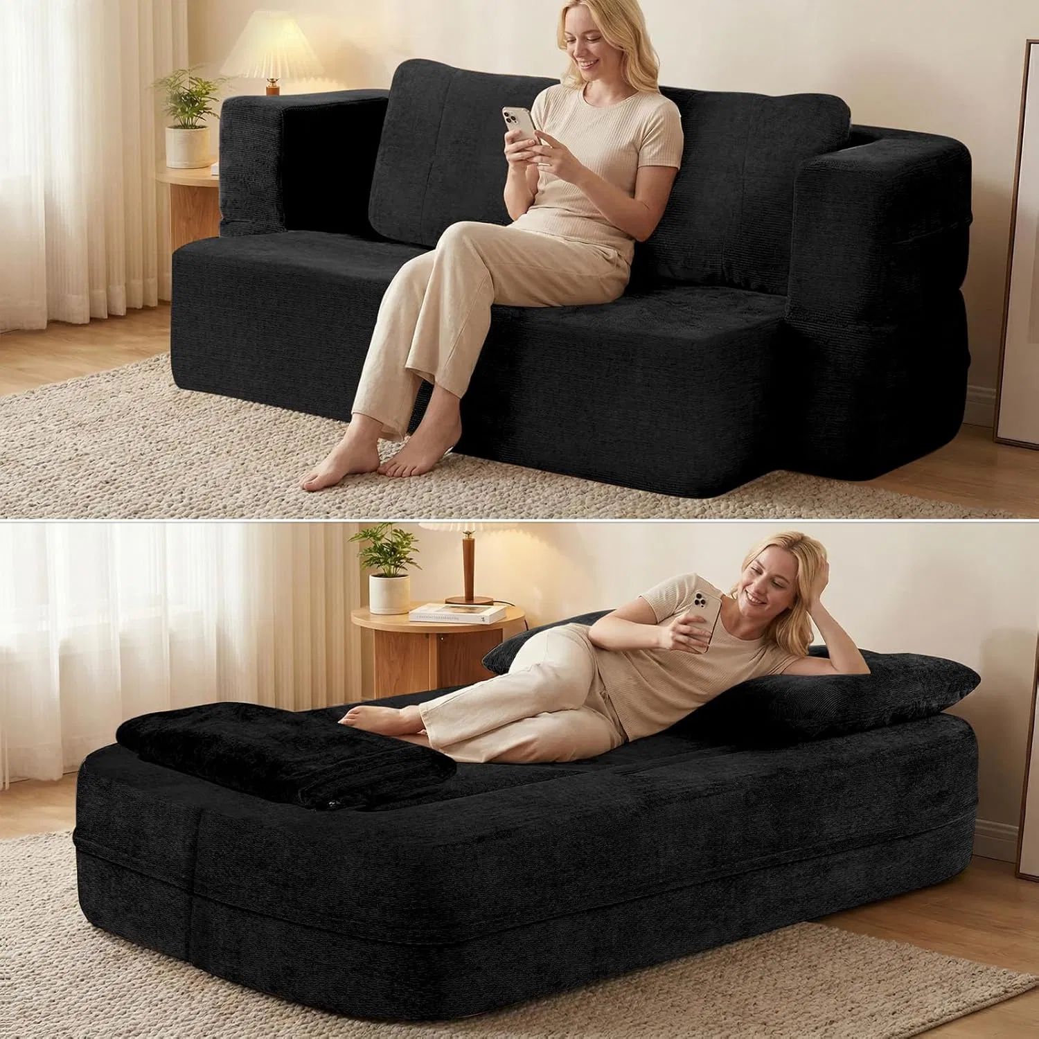 Convertible Sofa Bed with Blanket, Boneless Cloud Couch Queen Scott Fabric for Living Room Bedroom, Modular Loveseat with High-Density Solid Sponge No Assembly, Black