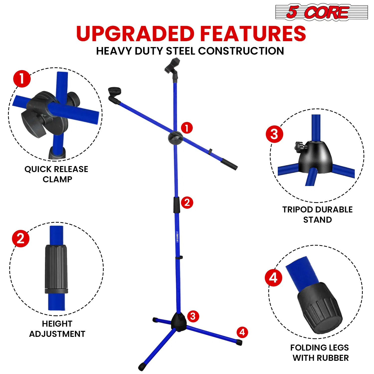 5 Core Mic Stand Floor Height Adjustable Tripod Microphone Stands w Extending Telescoping Boom Arm - MS DBL G image 7