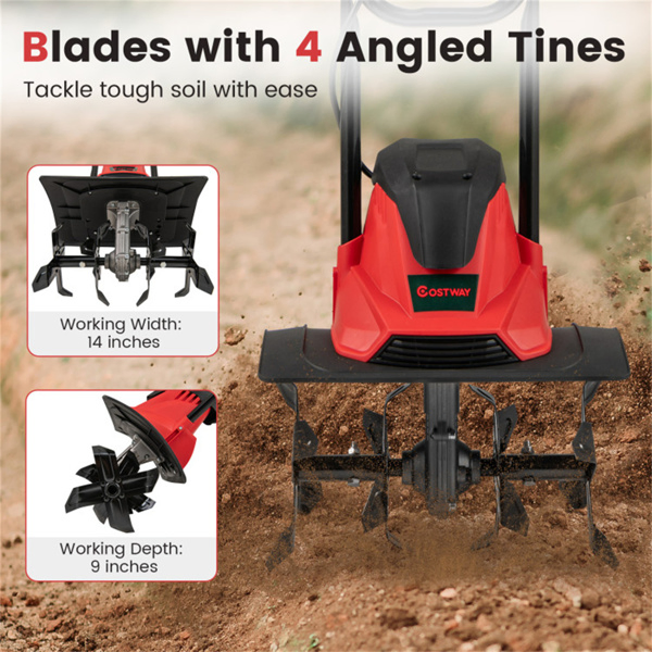 10 Amp  Electric Tiller - 380 RPM Garden Cultivator with 4 Blades, 14