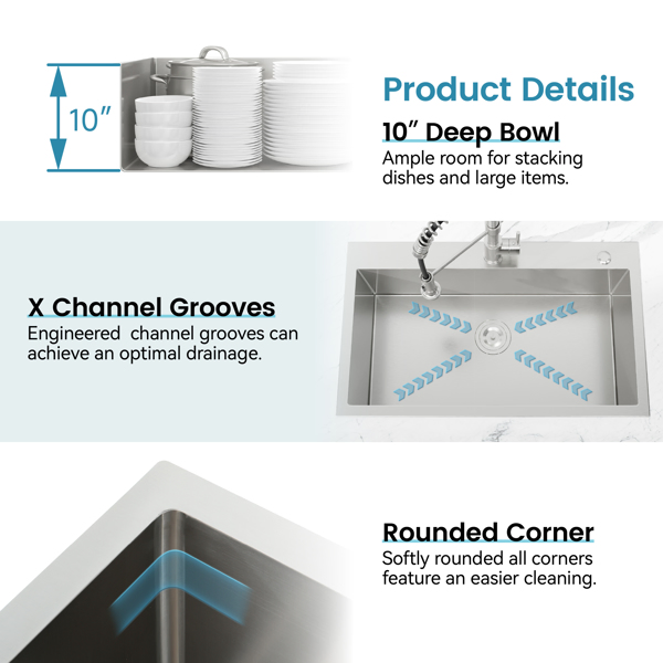 Kitchen Sink, 33″x22″ Single Bowl, Overmount Handmade Sink in Brushed Nickel, with US Standard Drain and Hook[Unable to ship on weekends,usps/fedex]-18