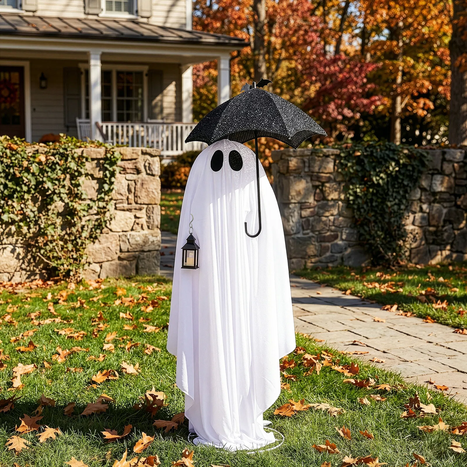 5ft Black & White Umbrella Ghost Halloween Decoration with 100 Warm White LED Wire Lights, 30V 3.6W… image 8