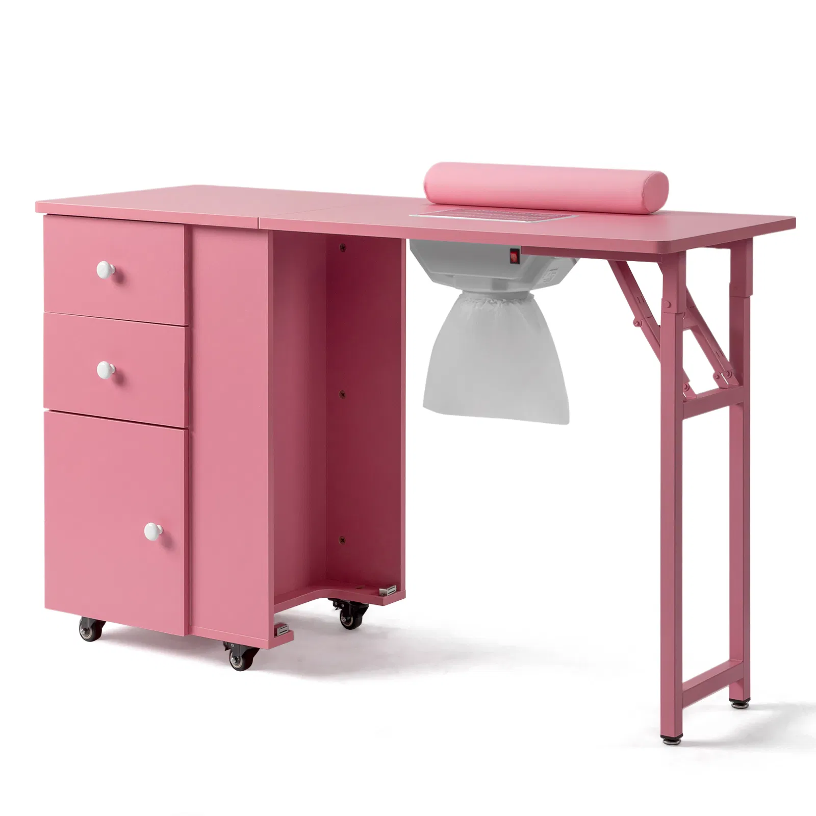 Nail Desk Folding Table, Pink MDF Manicure Station w/ 2 Drawers & 1 Door Cabinet for Nail Art Salon Home… image 3