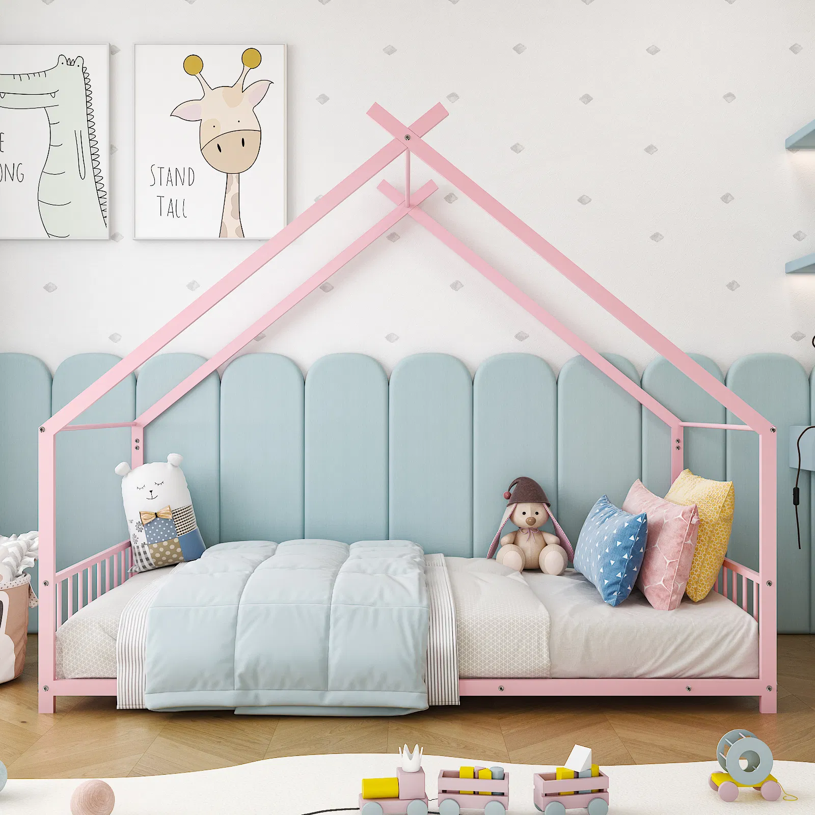 Pink Flat Bed House Shape with Side Guardrails Twin Children's Iron Bed image 11