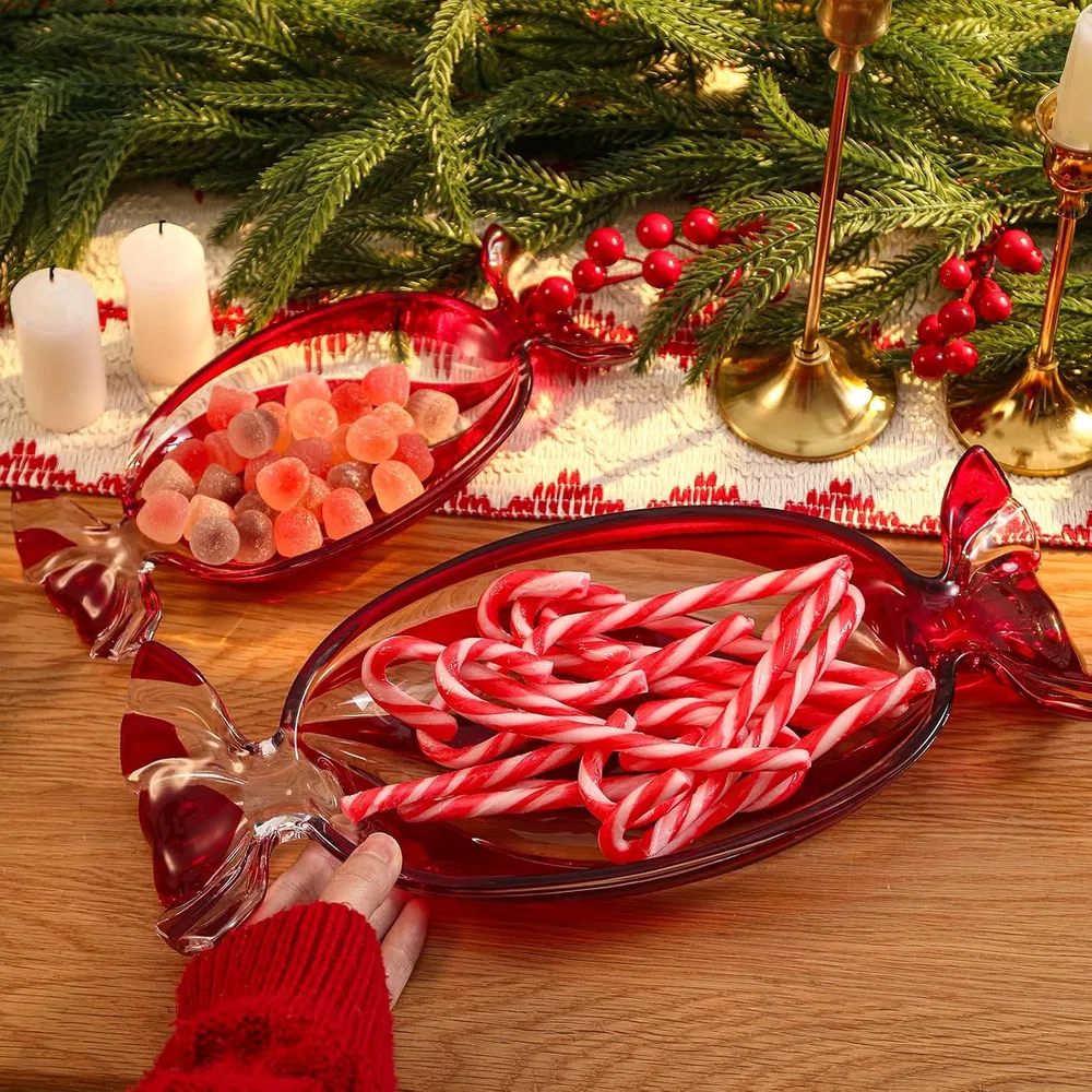 Christmas Candy Glass Plate, Christmas Theme Serving Tray for Holiday Desserts, Cookies & Candy Display, Festive Party Bowl, Red XMAS Decorations Small 9.2x4.3 Inch image 7