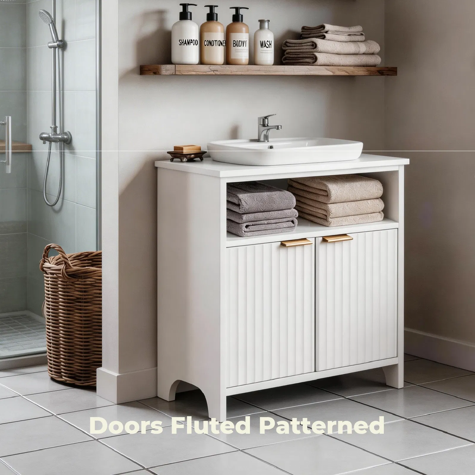 White particleboard with melamine veneer, grille thermoformed, two-door, one-shelf bathroom vanity unit… image 2