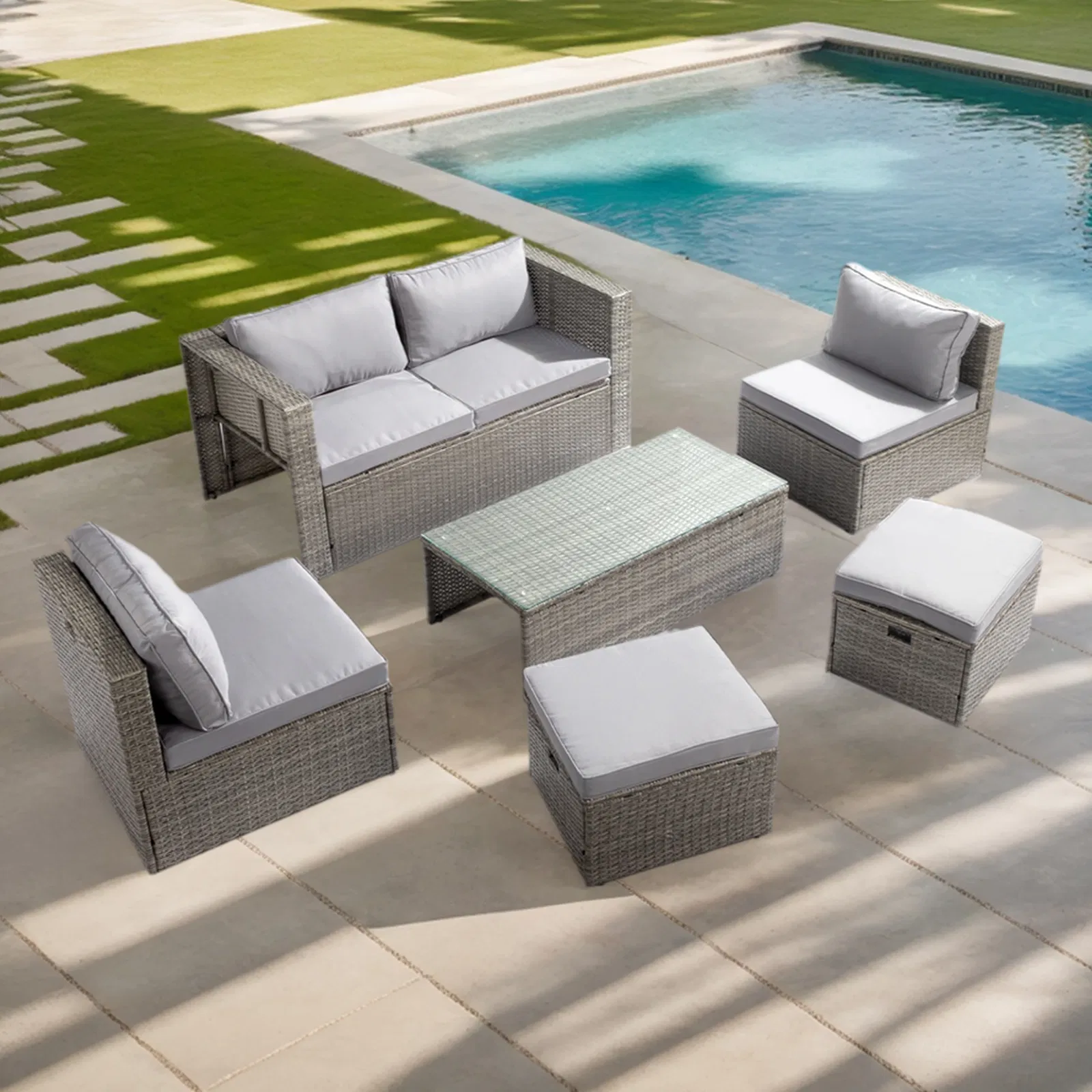2pcs armless sofa + 2pcs footstool + 1pcs double sofa + 1pcs coffee table with storage, gray gradient… image 5