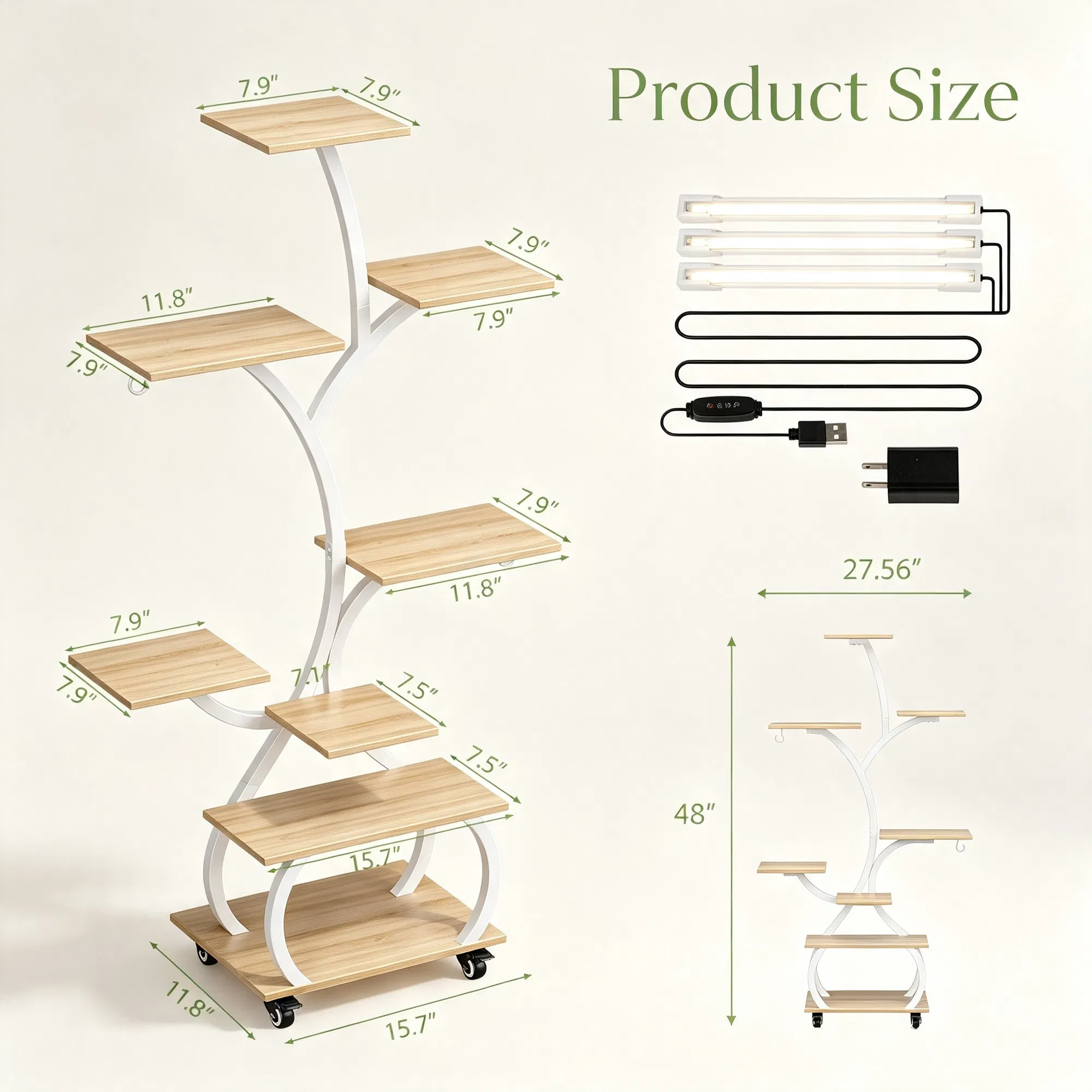 Tree Shaped Plant Stand with Full Spectrum Grow Light, White Metal Frame Plant Shelf with Lockable… image 2