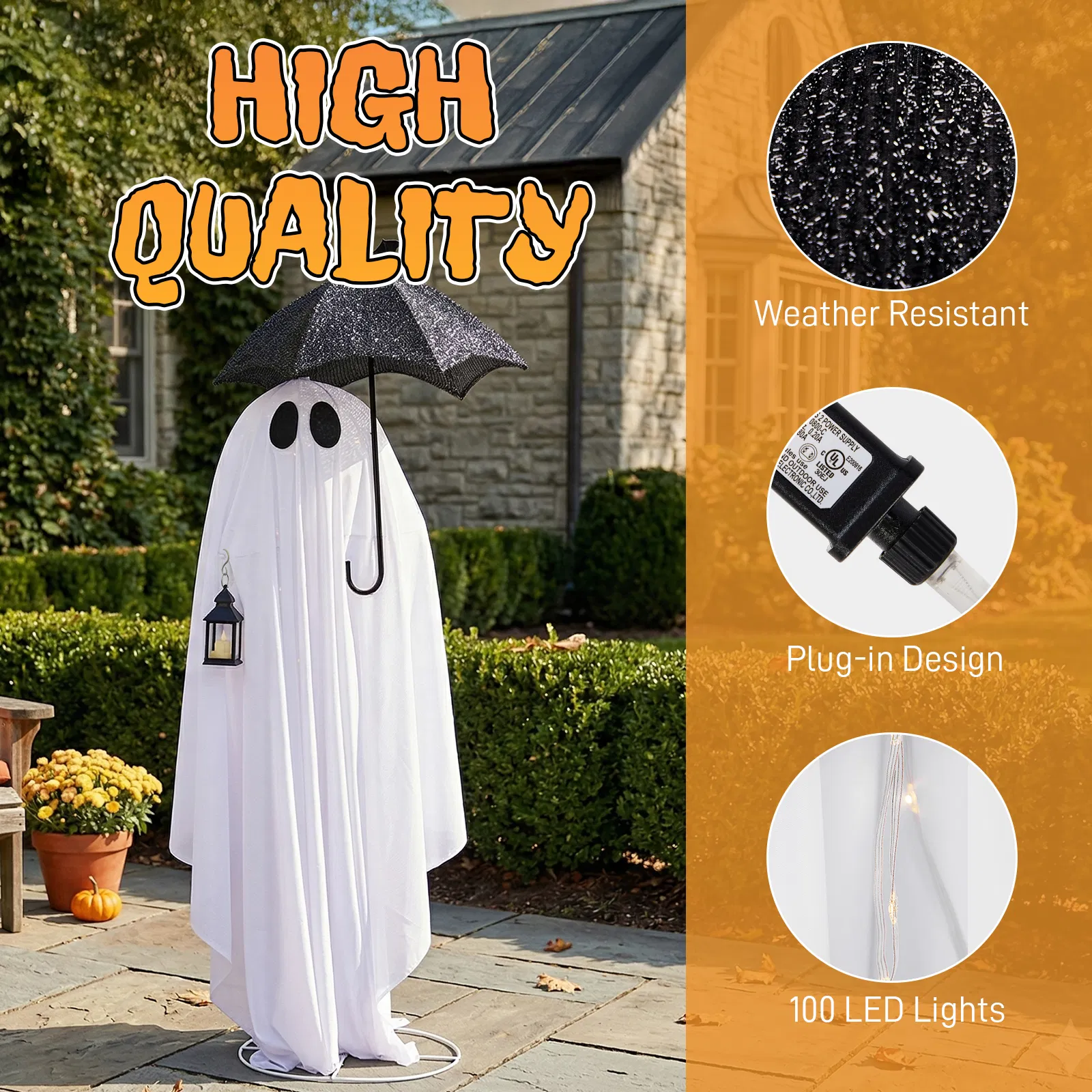 5ft Black & White Umbrella Ghost Halloween Decoration with 100 Warm White LED Wire Lights, 30V 3.6W… image 13