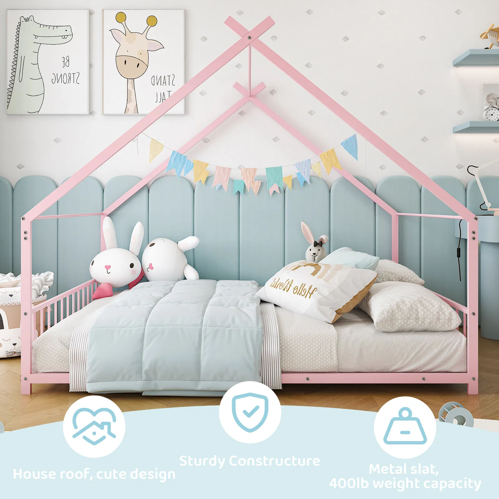 Pink Flat Bed House Shape with Side Guardrails Twin Children's Iron Bed image 13