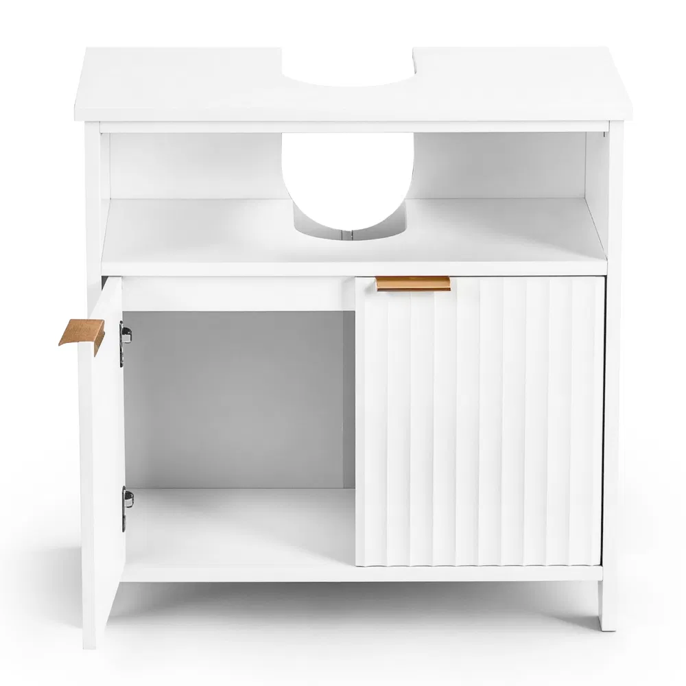 White particleboard with melamine veneer, grille thermoformed, two-door, one-shelf bathroom vanity unit…
