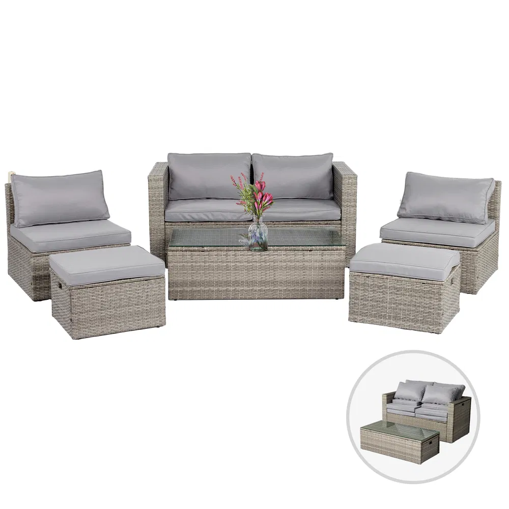 2pcs armless sofa + 2pcs footstool + 1pcs double sofa + 1pcs coffee table with storage, gray gradient…