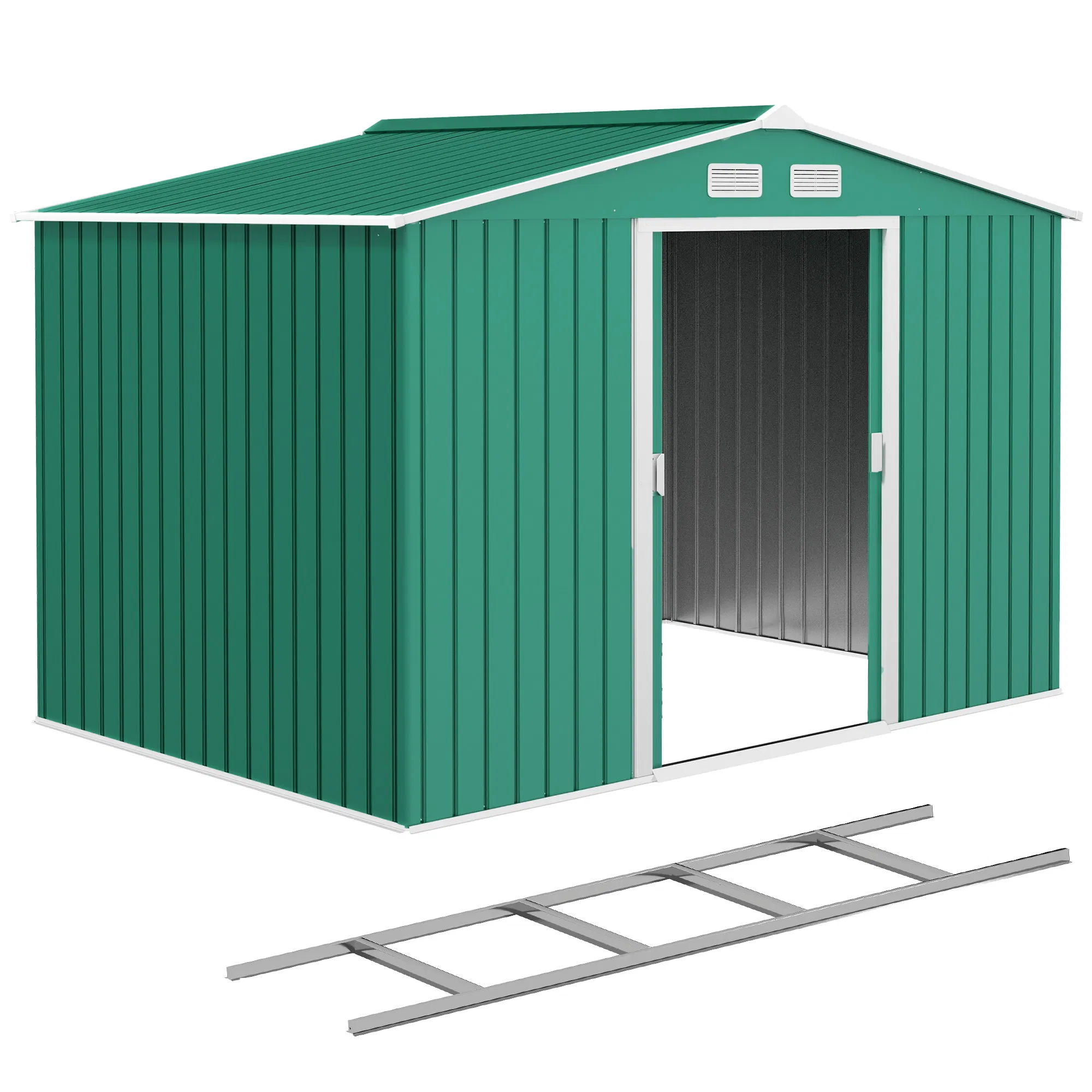 9.1' x 6.4' x 6.3' Garden Storage Shed w/ Foundation Kit Metal Tool Storage House w/ Double Doors Green