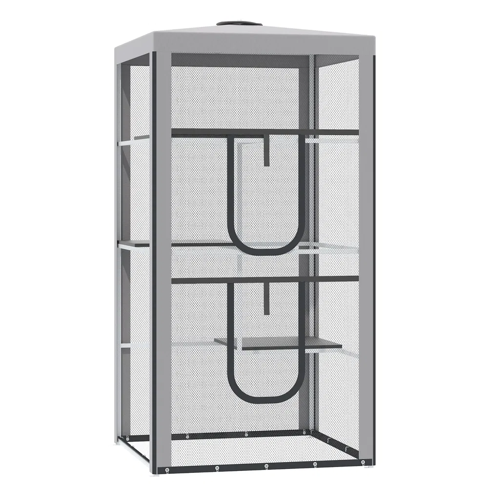 79" Cat Cage, Large Outdoor Kitten House, Indoor Cage Pet Kennel Playpen with 3 Platforms Door 4 Sandbags - Grey
