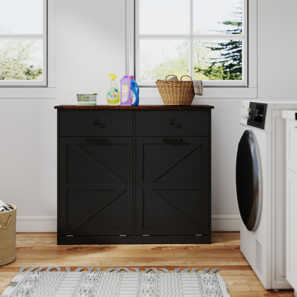 Farmhouse Black Double Tilt Out Trash Cabinet for 20 Gallon Trash Cans, Free Standing Recycling Cabinet with Hideaway Drawer, Barn Door Style Laundry Sorter Cabinet, Tilt Out Trash Cabinet for Kitchen-32