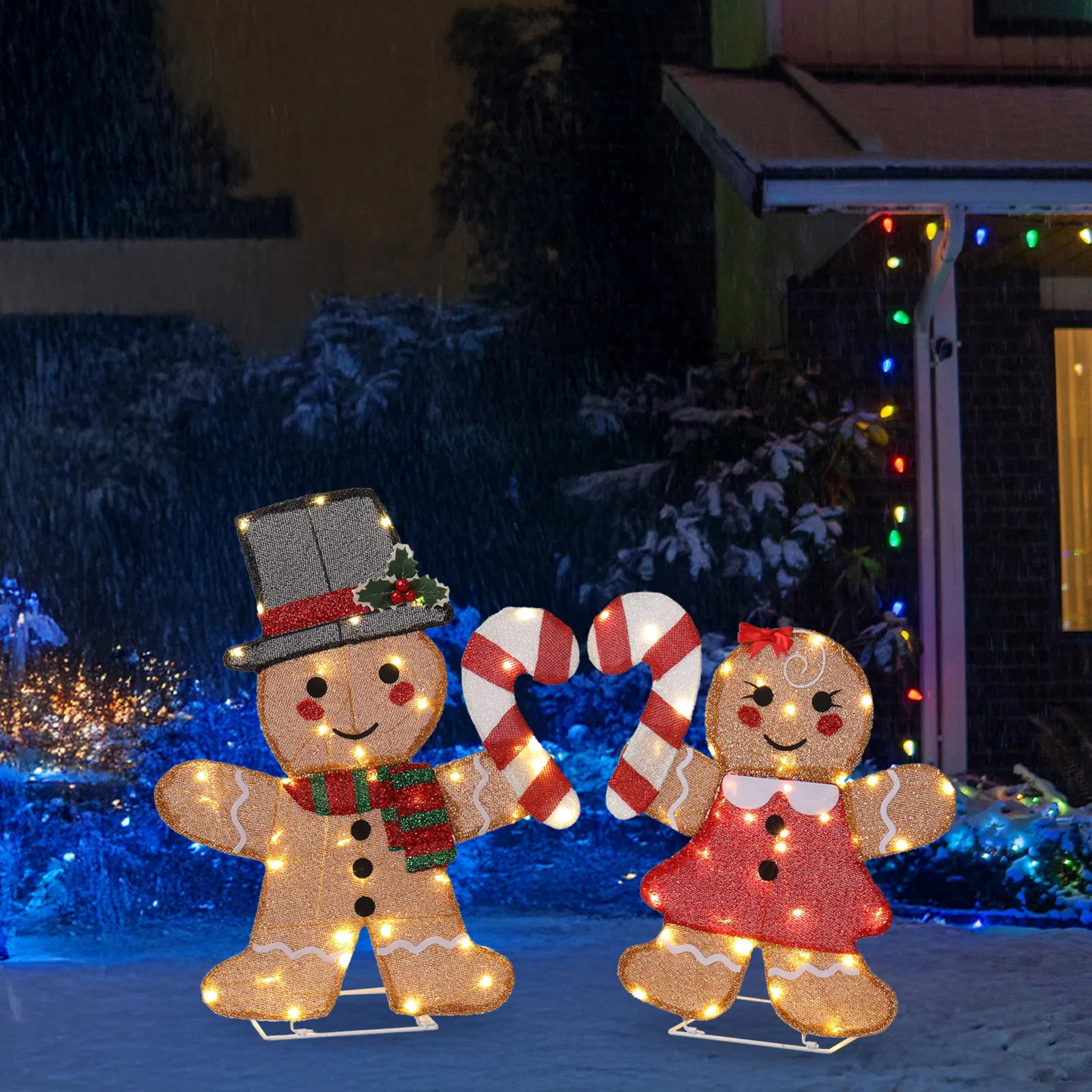 Set of 2 Lighted Gingerbread Man and Candy Cane Christmas Decorations, Pre-lit 2D Holiday Decor with 80… image 13
