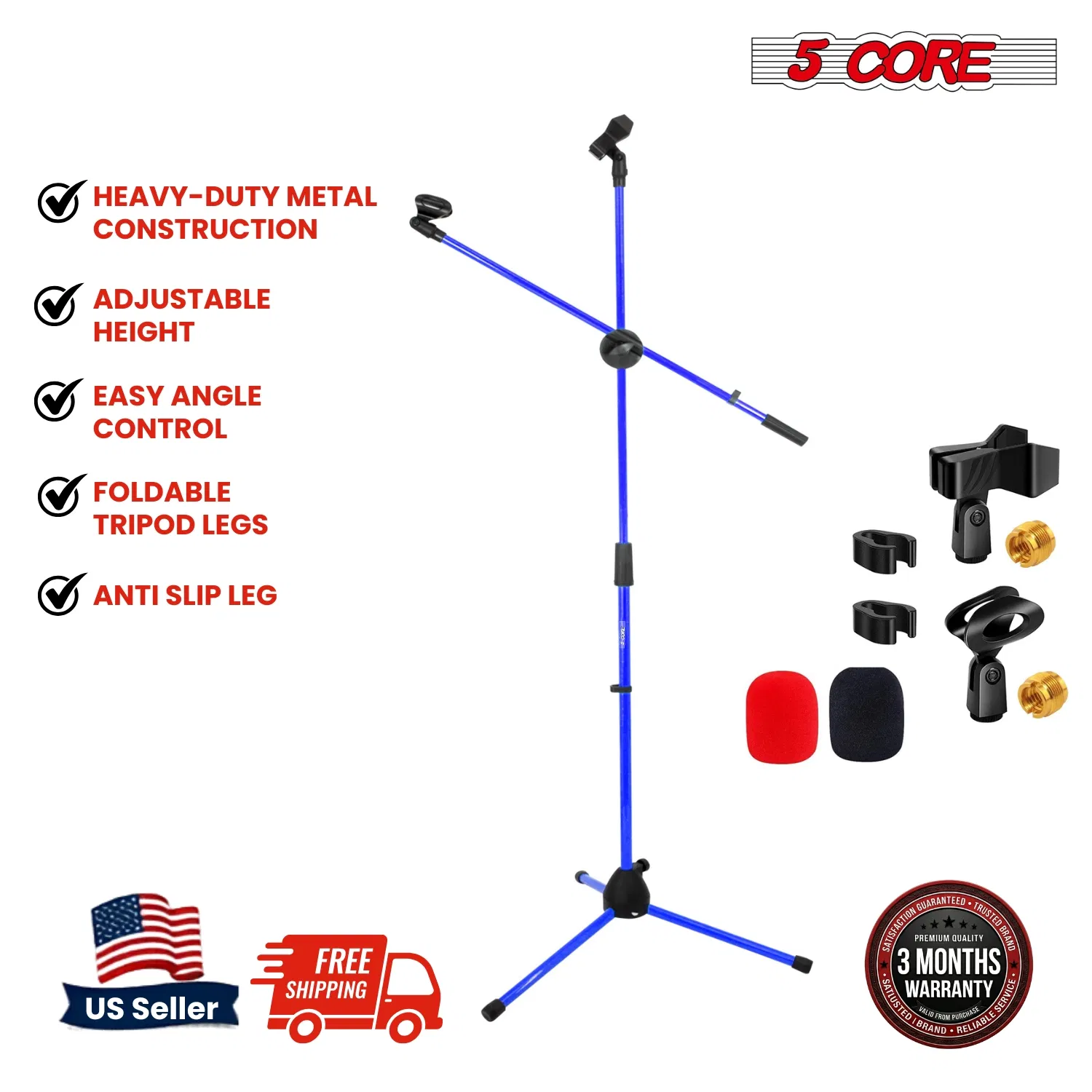 5 Core Mic Stand Floor Height Adjustable Tripod Microphone Stands w Extending Telescoping Boom Arm - MS DBL G image 4