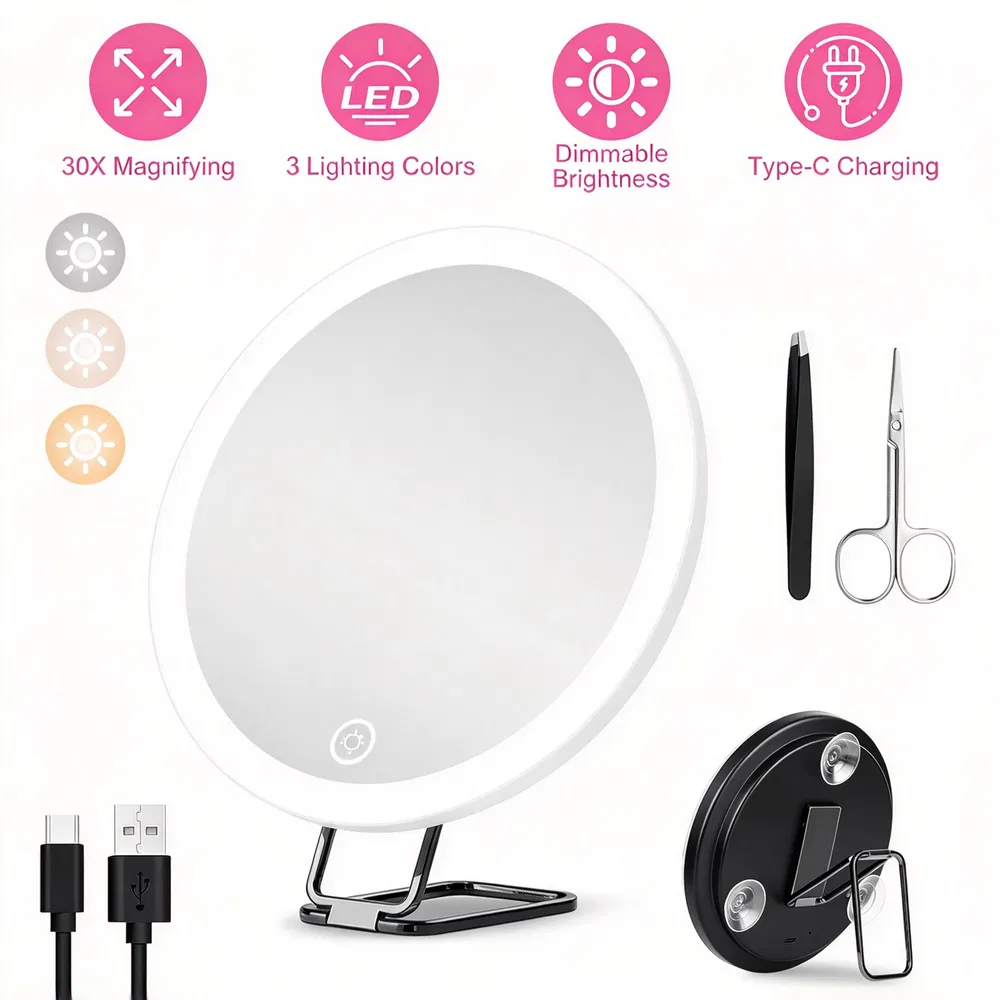 Rechargeable 30X Magnifying Makeup Mirror with 60 LED Beads, 3 Lighting Colors & Dimmable Brightness…